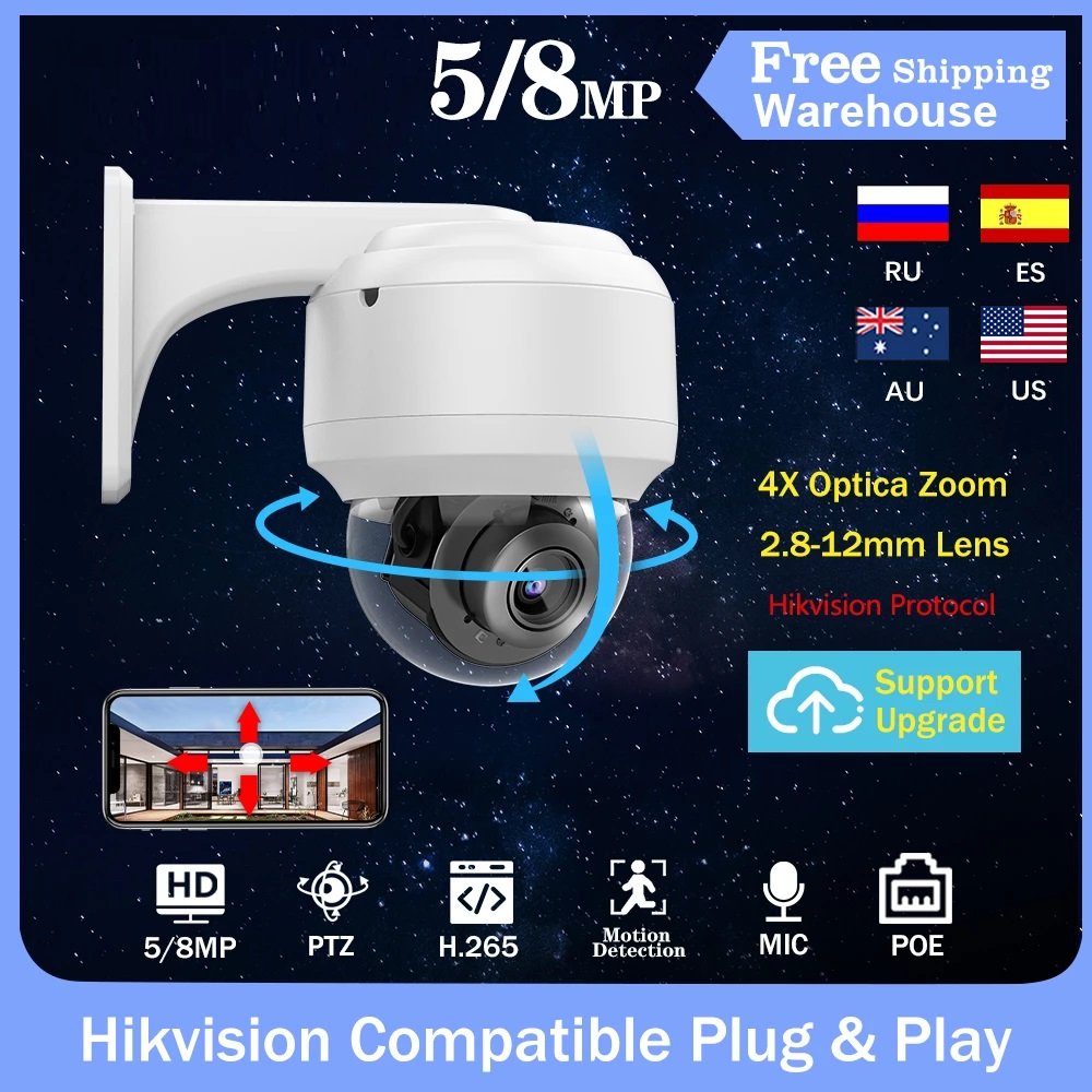 Support mic Waterproof POE Mini Security IP Camera Outdoor 4X Zoom 1080P 5MP 8MP PTZ Camera