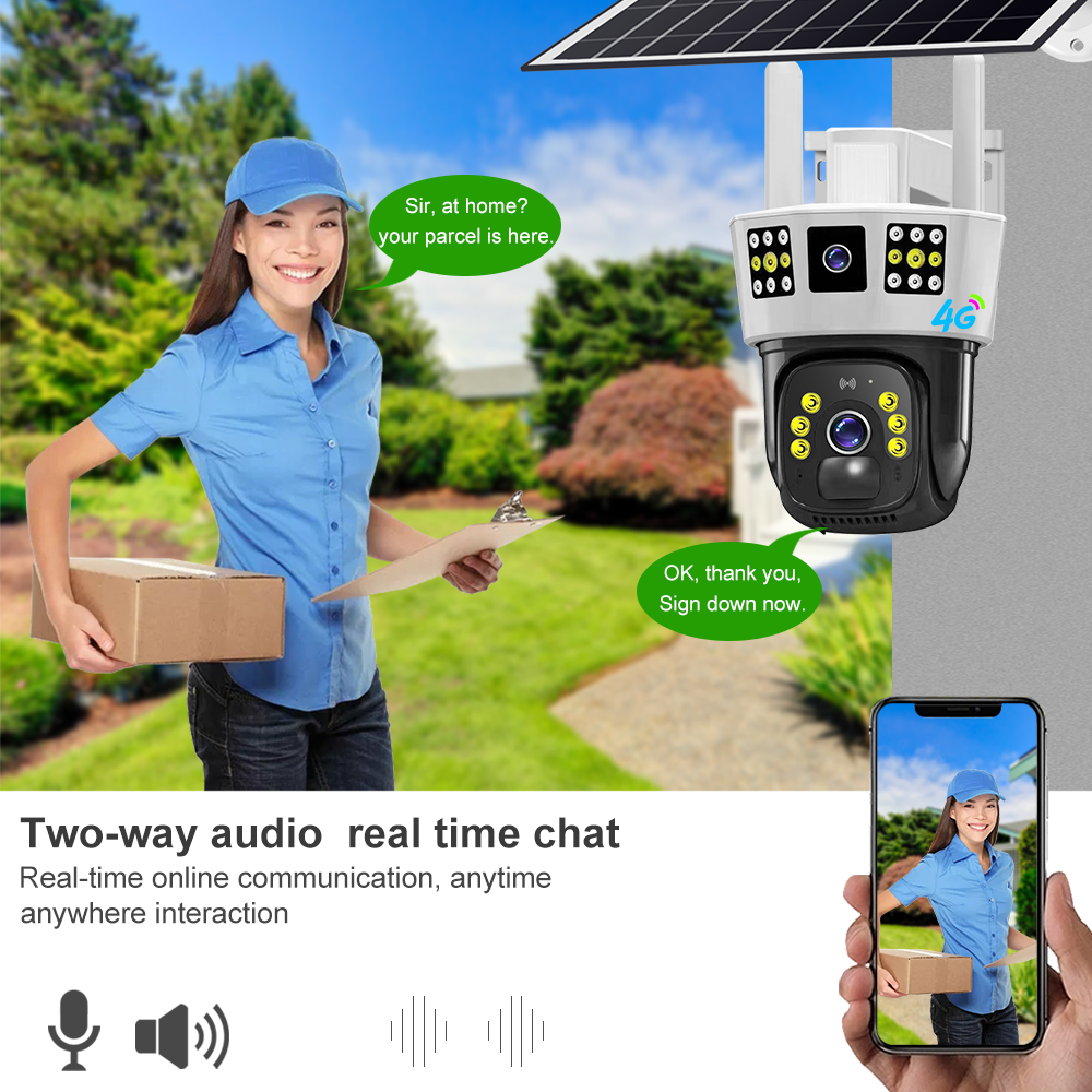 OEM 4MP Solar Panel Battery Power IP Camera PIR 4G Network Security Camera Waterproof Outdoor GSM SIM Card PTZ 4G Camera