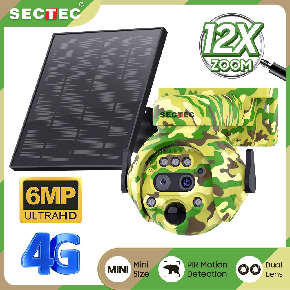 Sectec New Outdoor Camouflage HD 3K 12X Zoom Dual Lens 6MP Smart Security Waterproof IP CCTV Speed Dome PTZ 4G Solar Camera
