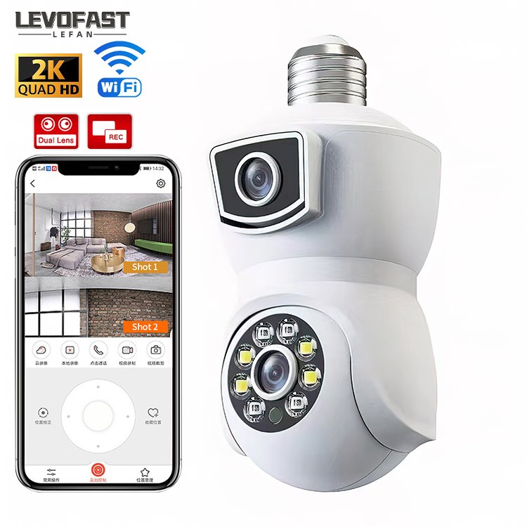 LEVOFAST Light-bulb Type Dual-lens Surveillance Wifi Camera Remote Monitoring 4MP Full-color Night Vision Gun Bulb CCTV Camera