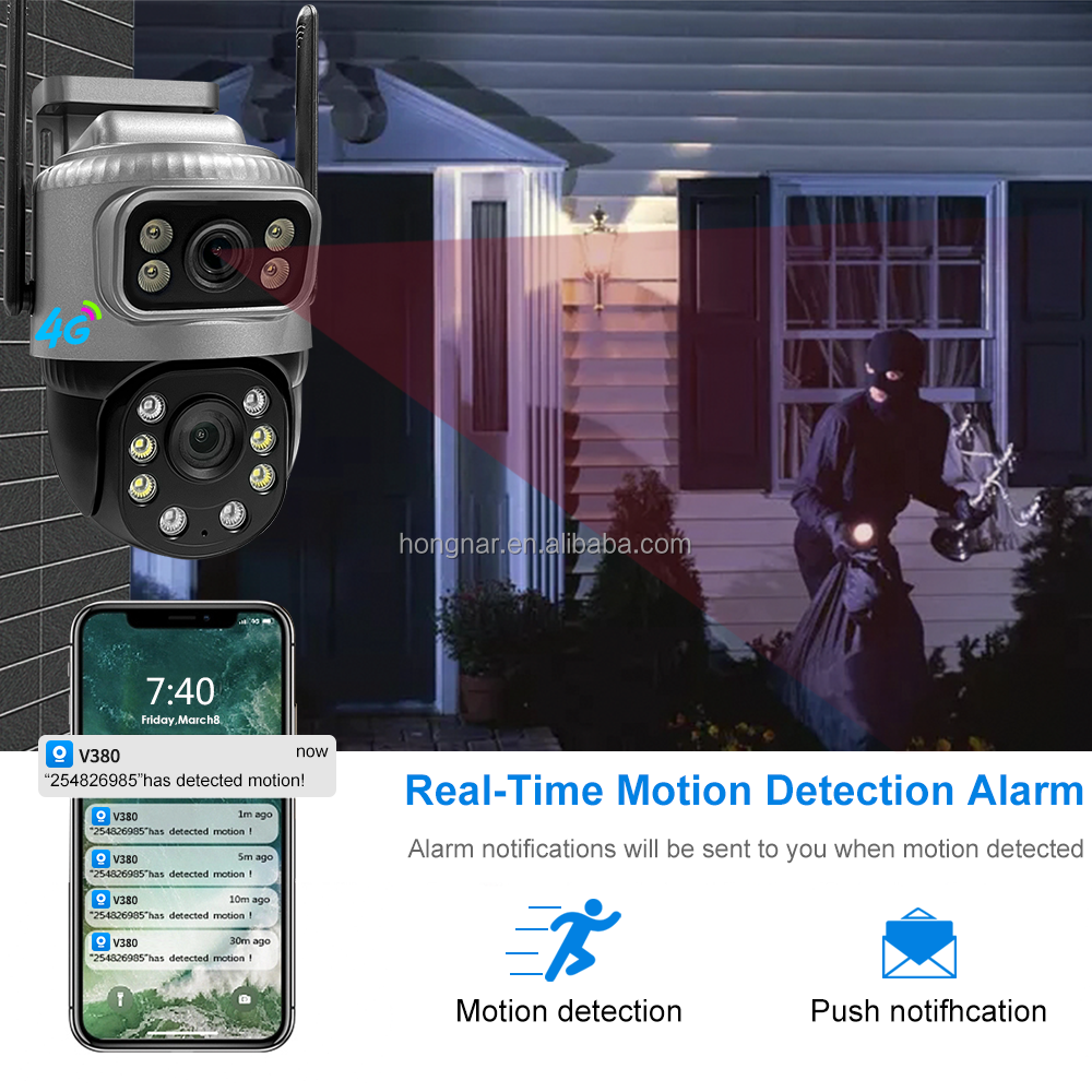 Hongnaer Outdoor HD 4MP Smart Wireless 4G PTZ Network Camera Dual Lens IP V380 Pro 4G Sim Card CCTV Security Surveillance Camera