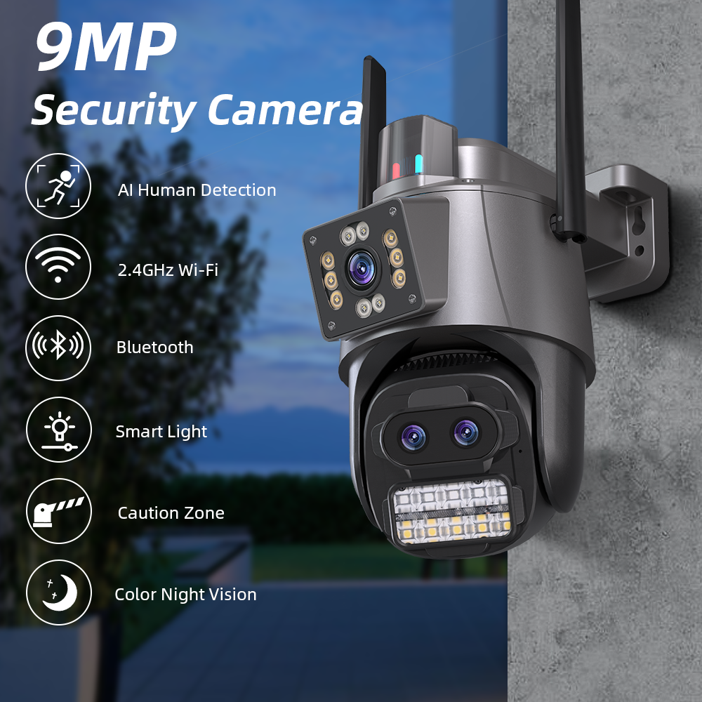 9MP Dual Screen Dual Lens Network Camera WIFI PTZ Camera Outdoor Waterproof Auto Tracking Security Camera ICSEE