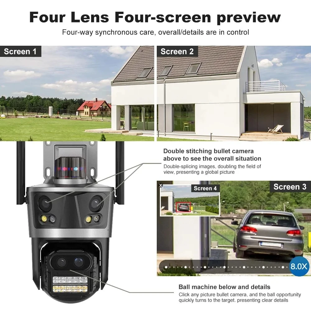 icsee 12mp WiFi CCTV Camera iCSee four Lens 8x zoom PTZ Network Camera outdoor indoor Wireless Security IP Camera