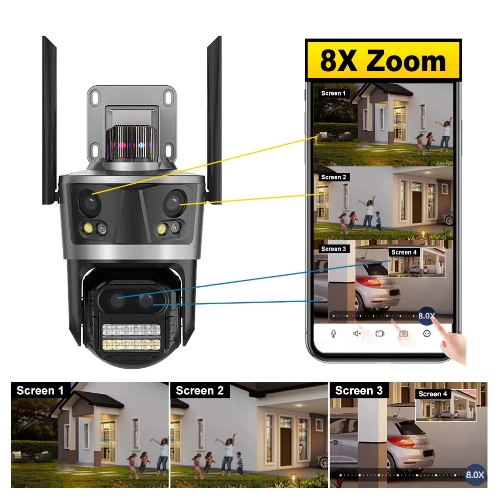 icsee 12mp WiFi CCTV Camera iCSee four Lens 8x zoom PTZ Network Camera outdoor indoor Wireless Security IP Camera