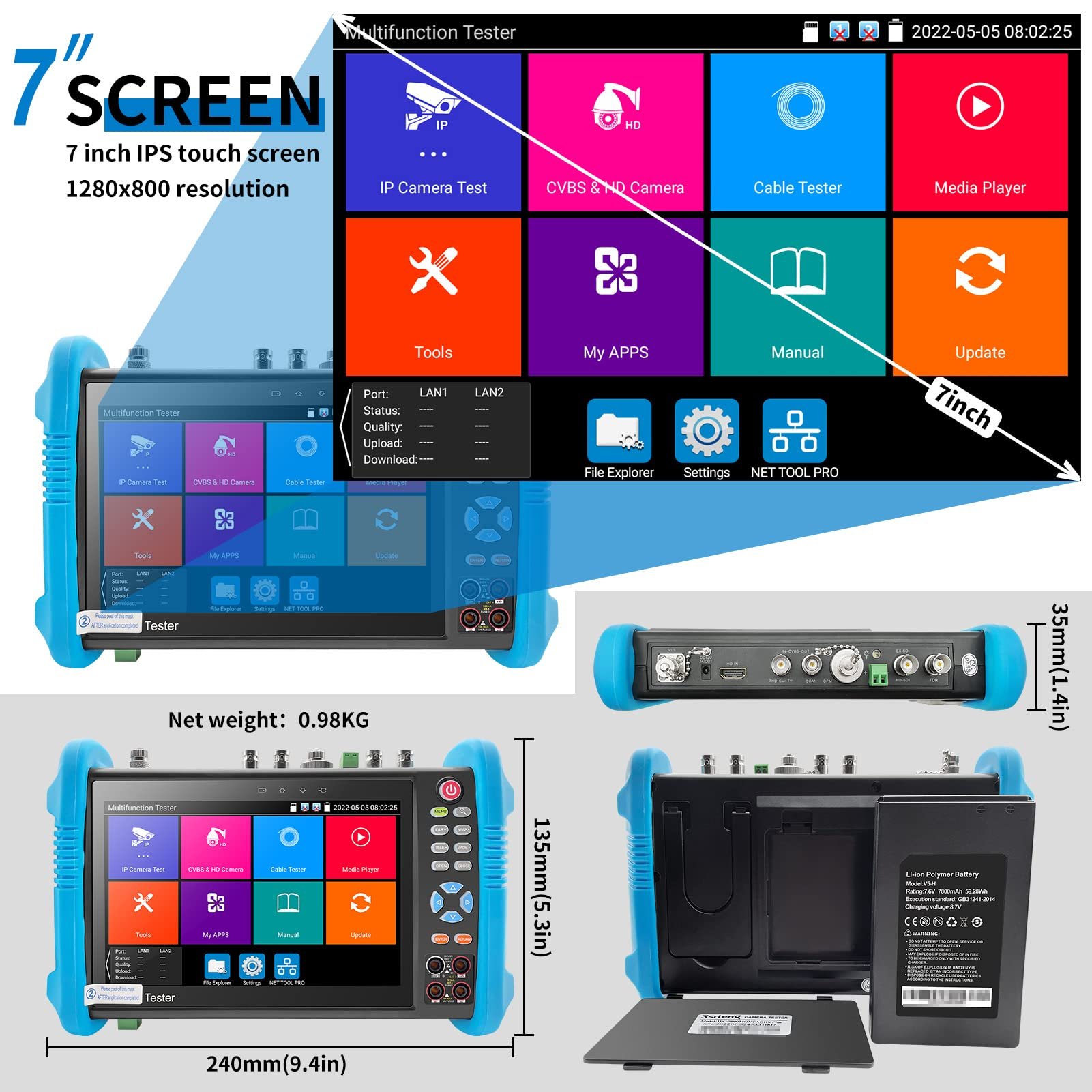 Ipc-9800 Adh Cctv Ip Camera Tester Add 8Mp Ahd Cvi Tvi Image H.265/H.264 4K Video Display For Hdmi Input&Output Ipc Tester