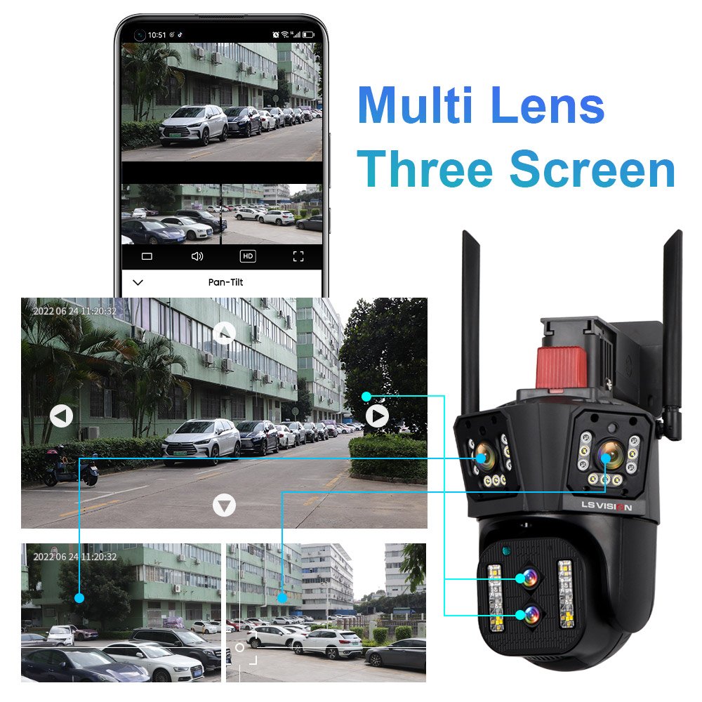 LS VISION 3 Screen 10X Zoom Auto Tracking Outdoor IP Security Camera Four Lens Night Vision Icloud Storage Outdoor Waterproof