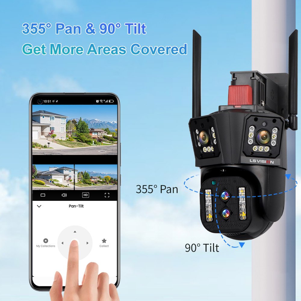 LS VISION 3 Screen 10X Zoom Auto Tracking Outdoor IP Security Camera Four Lens Night Vision Icloud Storage Outdoor Waterproof