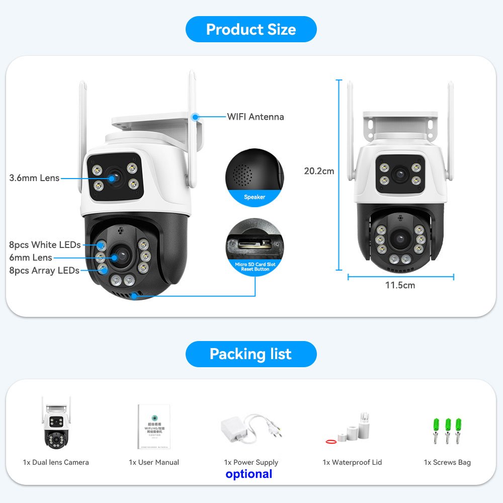 ICsee Outdoor 6MP Dual Lens Wireless PTZ CCTV Camera IP 6MP security cameras tracking WiFi Mini Dual Lens Linkage Network Camera