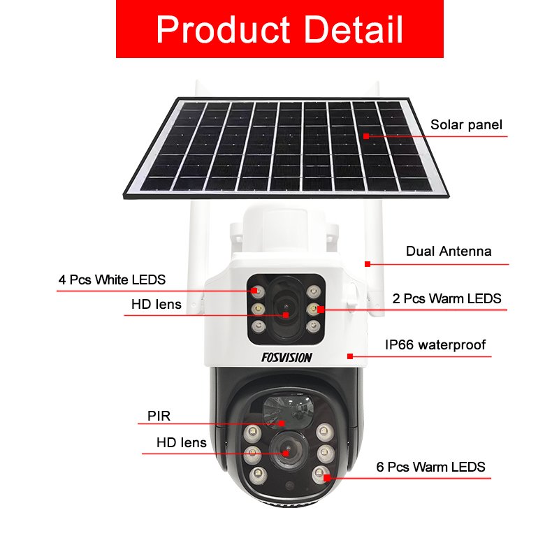 FOSVISION 2024New product Dual lens 4g solar ptz camera Low Power HD 4MP Color Night Vision With Audio Outdoor Waterproof Camera