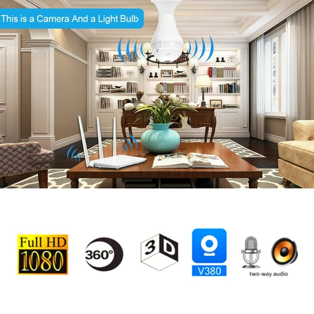 Wifi Bulb Camera Fisheye 360 Panoramic Wireless Surveillance Camera 1080P Ceiling Network Bulb Camera