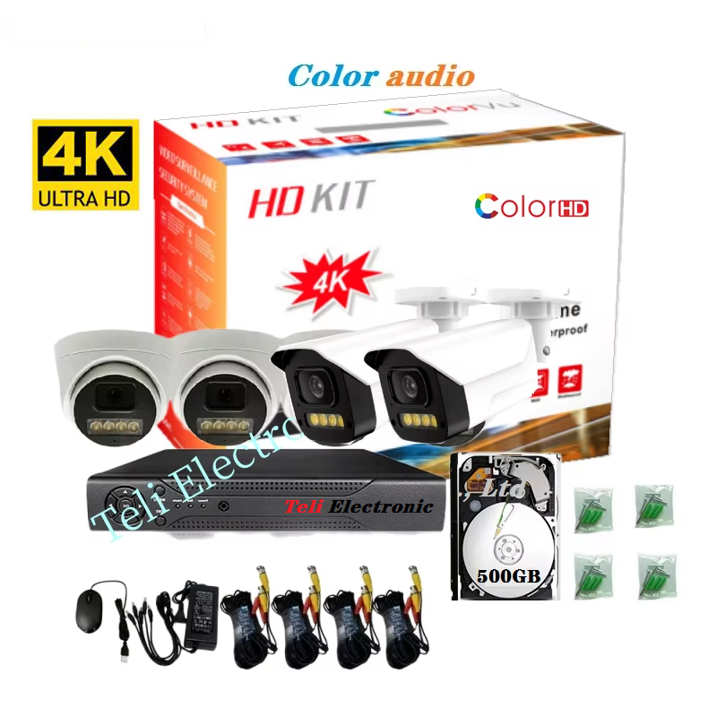 Analog Camera Kit Night Color 4 Camera 2 Dome 2 Bullet 500GB memory BNC interface 3MP 4K camera kit