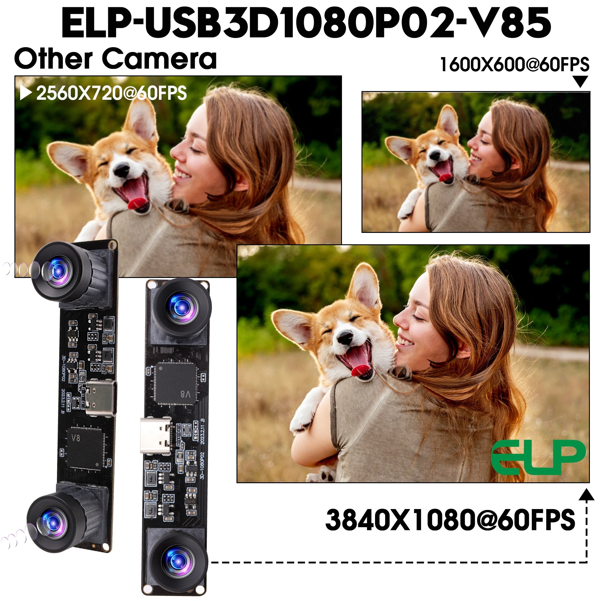 ELP 4MP Dual Lens No Distortion 3840X1080 60fps Synchronization 3D Stereo Camera Module USB for VR Camera 3D Printing Scanning