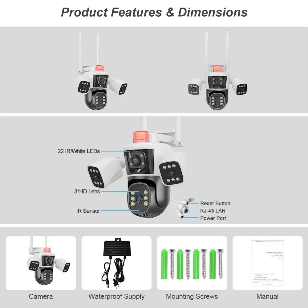IPC360 Wifi Camera 12MP Three lens Three-Screen Monitor Network Ptz Auto Tracking Night Vision Cctv Camera Home Security