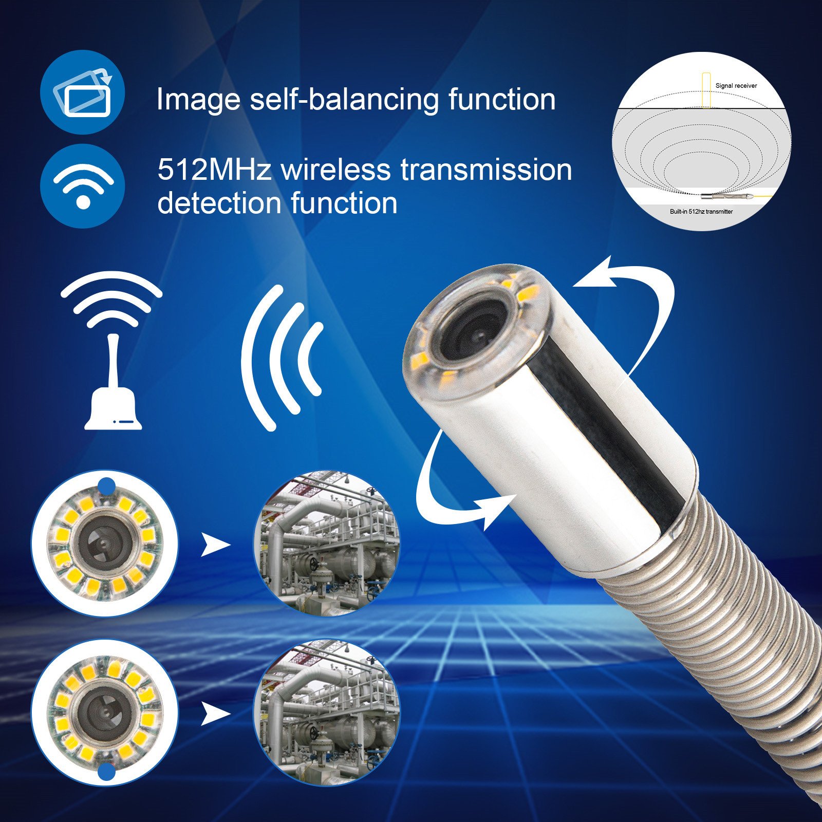 10.1inch HD 1080P Touch Screen, 512HZ Sonde Self-leveling Sewer Camera Meter Counter and 8GB DVR Video Pipe Inspection Camera