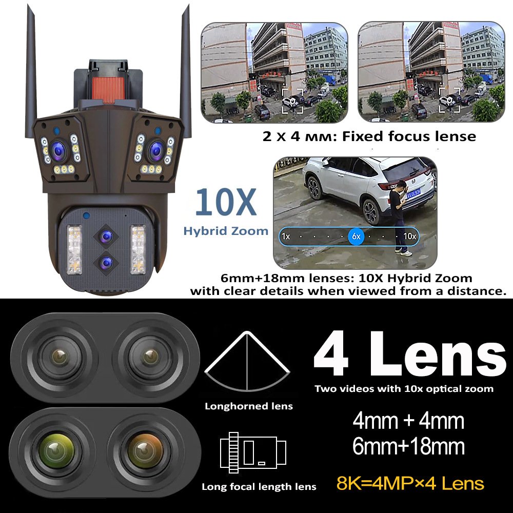 8K 16MP Four Camera Lenses 10X Zoom Security Camera 360 Degrees IP66 Waterproof IP Network WIFI 3 Screen PTZ Camera