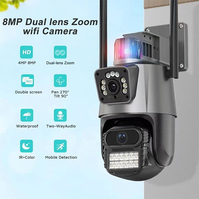 PEGATAH 8MP ICSEE Wireless Outdoor IP CCTV Camera with Dural Lens Wide Angle Two-Way Audio Factory Direct Home Security