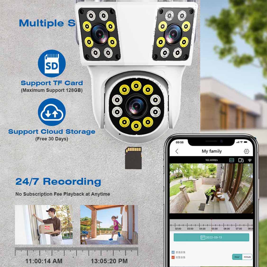 Hot Selling IPC360 12MP 3 Lens Smart Home CCTV Camera 3 Screens Night Vision Cloud Memory Card Data Storage Options Multi-Lens