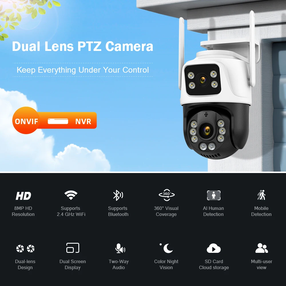 FULL Color 4K 8mp Three lens Dual Screen WIFI PTZ Auto Tracking outdoor Security IP 8X Zoom camera Surveillance CCTV iCSee