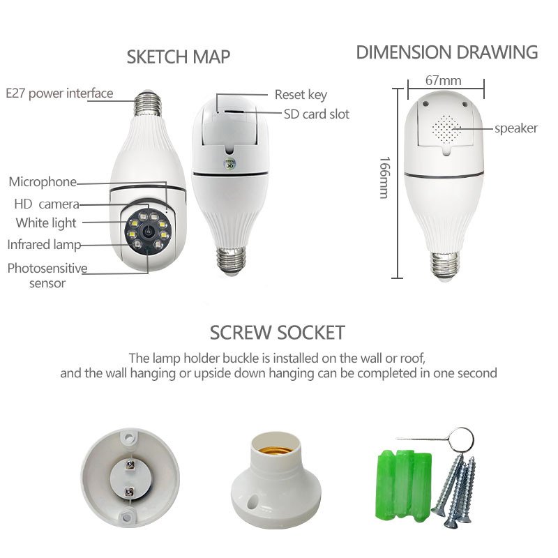 V380 smart home security E27 Dual Lens Bulb Camera WiFi 1080P PTZ Camera with LED IP Light Bulb Wireless Socket