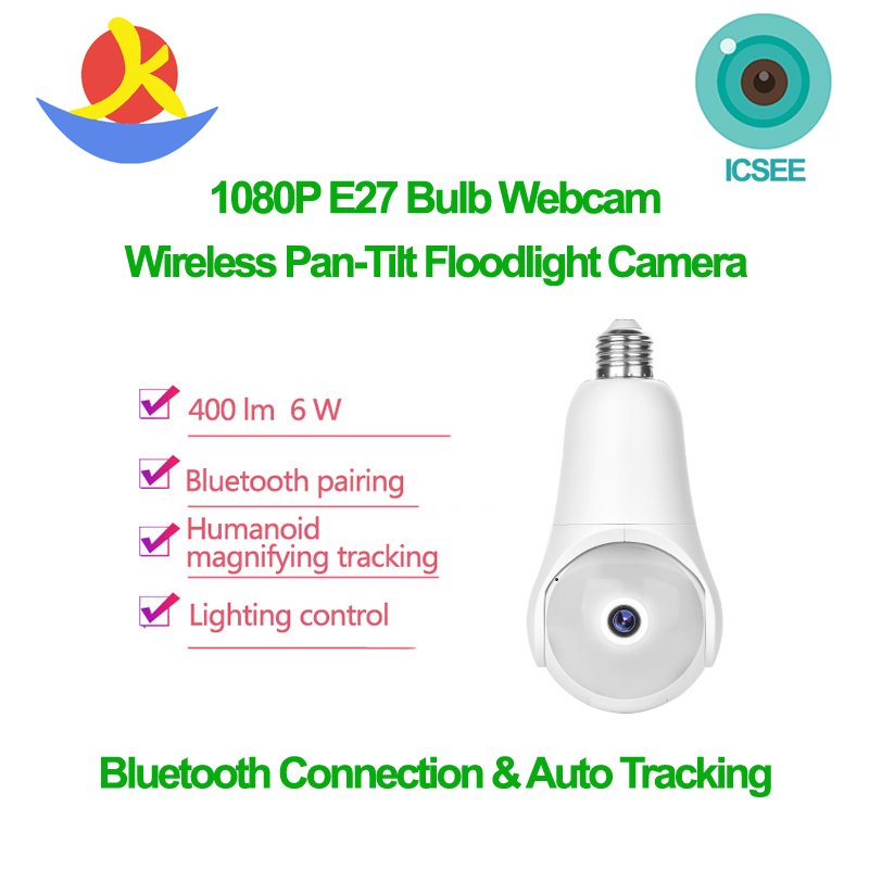 Icsee 1080P Network Camera Wifi Baby Monitor Memory Cards Human Auto Tracking Smart Alert Floodlight E27 Bulb Security Camera