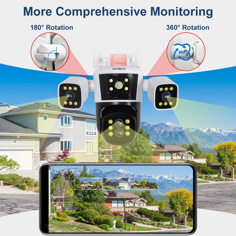LS VISION Four Lens Three Screens 10X Zoom 360 Degree Surveillance 6mp Wifi Security Camera Wireless HD CCTV PTZ Camera