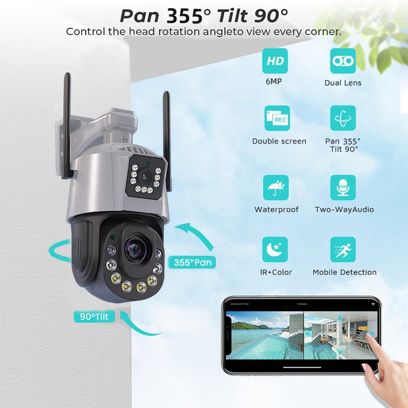 Dual Lens Audio Alarming Outdoor Waterproof Network Camera 6k icsee 36x Zooming Wireless WIFI CCTV Camera