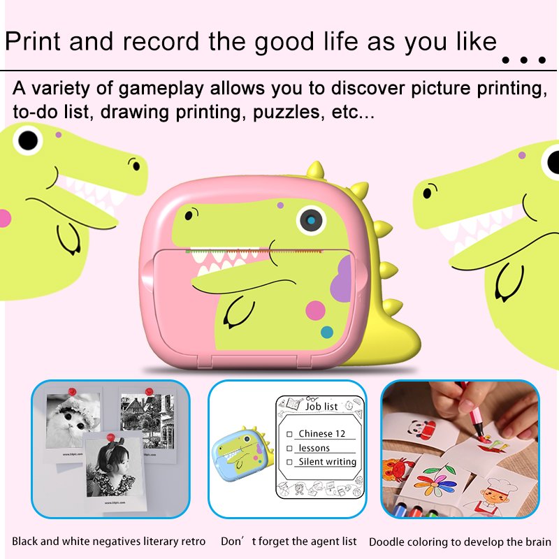 Kids 1080p HD Instant Print Camera Toys Rechargeable Dinosaur Thermal Photo Paper Mini Digital Printer Camera