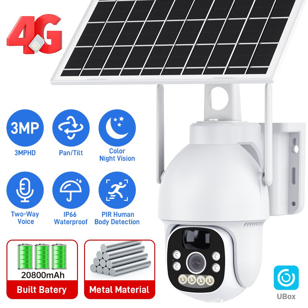 Ubox Solar Battery Powered 4G PTZ Camera Colorful Night Vision 3MP 128G TF Card Security CCTV, 8W Solar Panel 20600mAh Battery