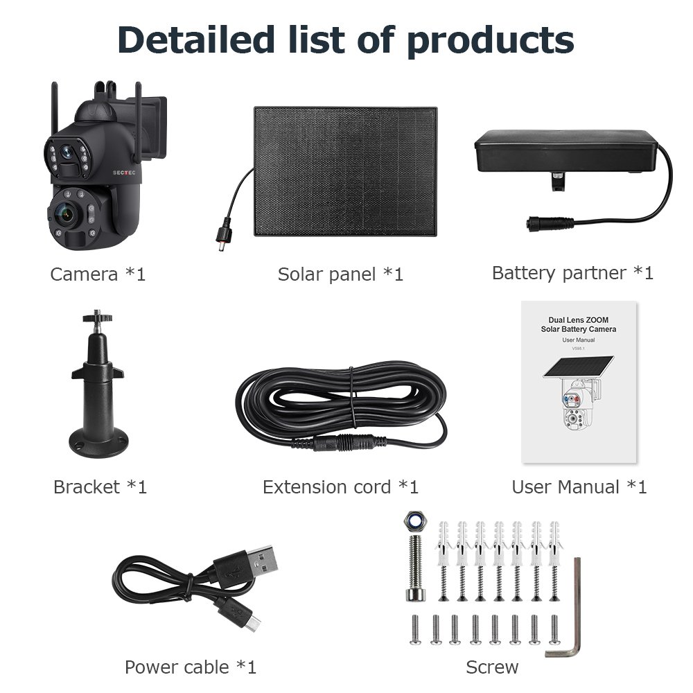 Sectec 36X Zoom 10W Solar Panel 3K HD Solar Camera HD 6MP Dual Lens Outdoor Panoramic PTZ Alarm linkage Security Network Camera