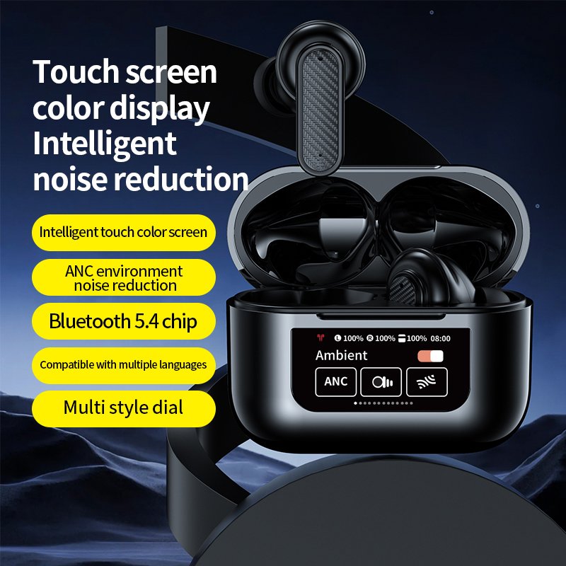 YW08 pods With LCD touch screen sports gaming type c noise cancelling tws earphones & headphones ANC wireless earphone