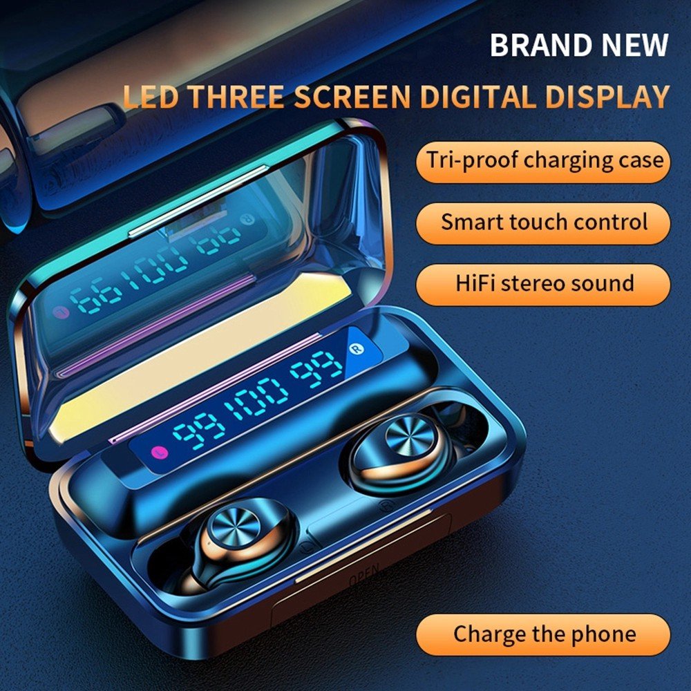 F9-10 Black Earphone with 2000mAh Charging Case 3 LCD LED Battery Display Playtime In-Ear F9 TWS True Wireless Earbuds