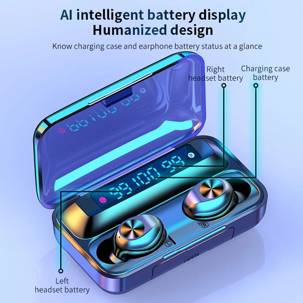 F9-10 Black Earphone with 2000mAh Charging Case 3 LCD LED Battery Display Playtime In-Ear F9 TWS True Wireless Earbuds