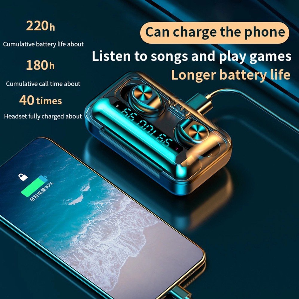 F9-10 Black Earphone with 2000mAh Charging Case 3 LCD LED Battery Display Playtime In-Ear F9 TWS True Wireless Earbuds