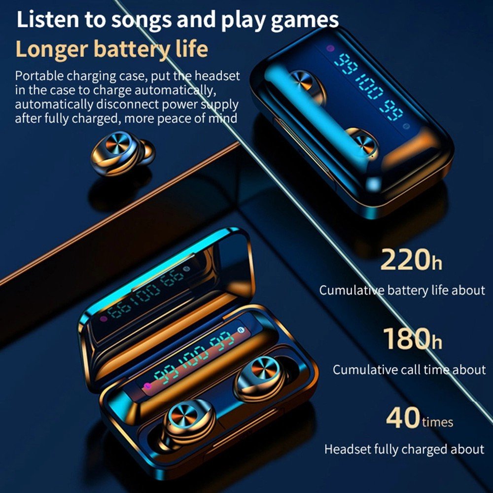 F9-10 Black Earphone with 2000mAh Charging Case 3 LCD LED Battery Display Playtime In-Ear F9 TWS True Wireless Earbuds