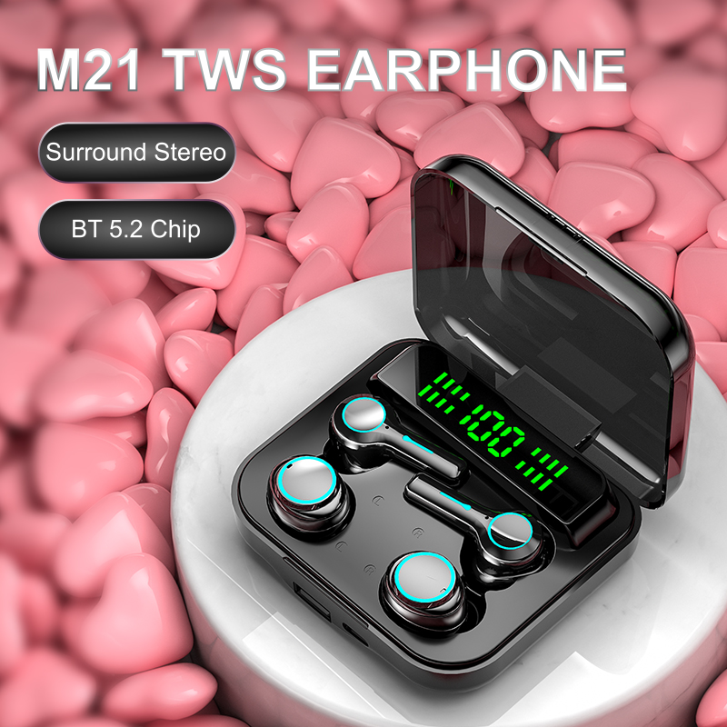 New Design Audifonos M21 TWS Couple Earphones Hifi Wireless Headphone Earbuds In-ear Earphone With Power Bank