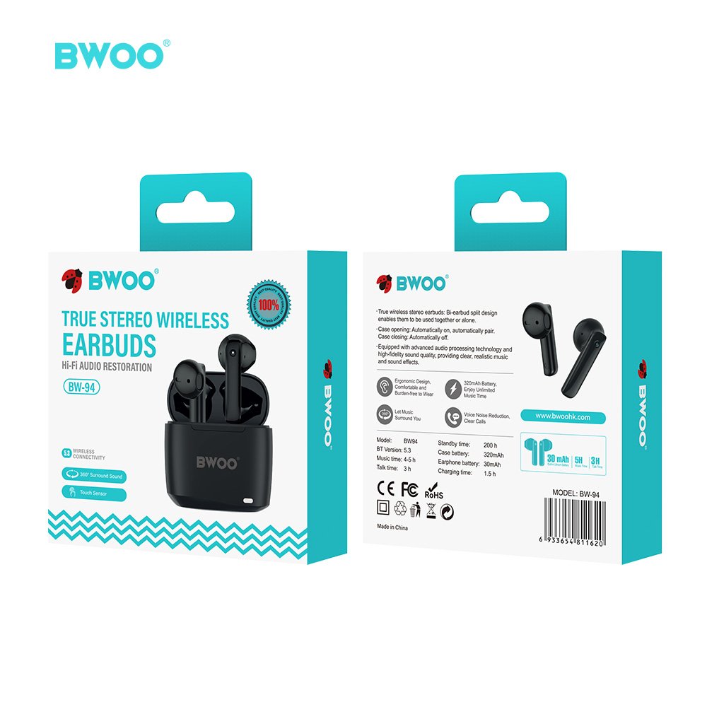 BWOO 2024 New TWS True Wireless Stereo Earbuds Custom Waterproof Hifi Earphones Headphones