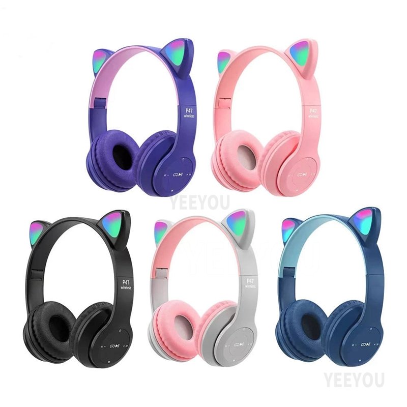 Flashing LED Cute Cat Ears Headphones P47 Active Noise Cancelling Over-Ear BT Gaming Headset P47M Wireless with microphone