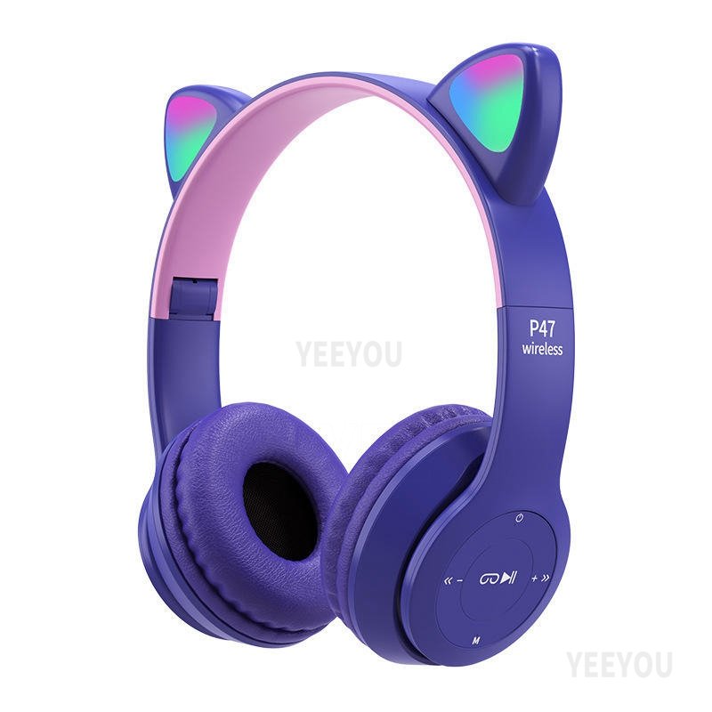 Flashing LED Cute Cat Ears Headphones P47 Active Noise Cancelling Over-Ear BT Gaming Headset P47M Wireless with microphone