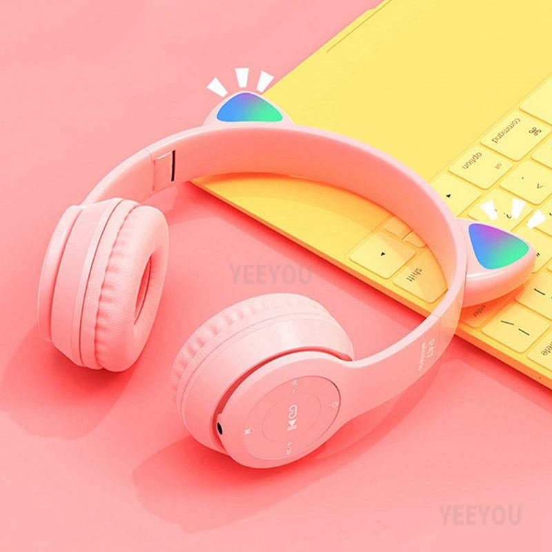 Flashing LED Cute Cat Ears Headphones P47 Active Noise Cancelling Over-Ear BT Gaming Headset P47M Wireless with microphone