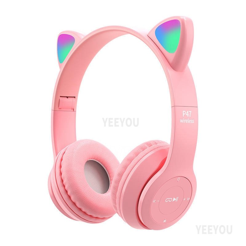 Flashing LED Cute Cat Ears Headphones P47 Active Noise Cancelling Over-Ear BT Gaming Headset P47M Wireless with microphone