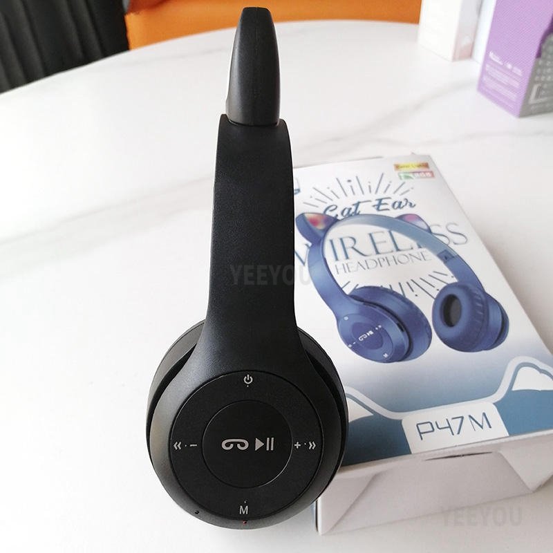 Flashing LED Cute Cat Ears Headphones P47 Active Noise Cancelling Over-Ear BT Gaming Headset P47M Wireless with microphone