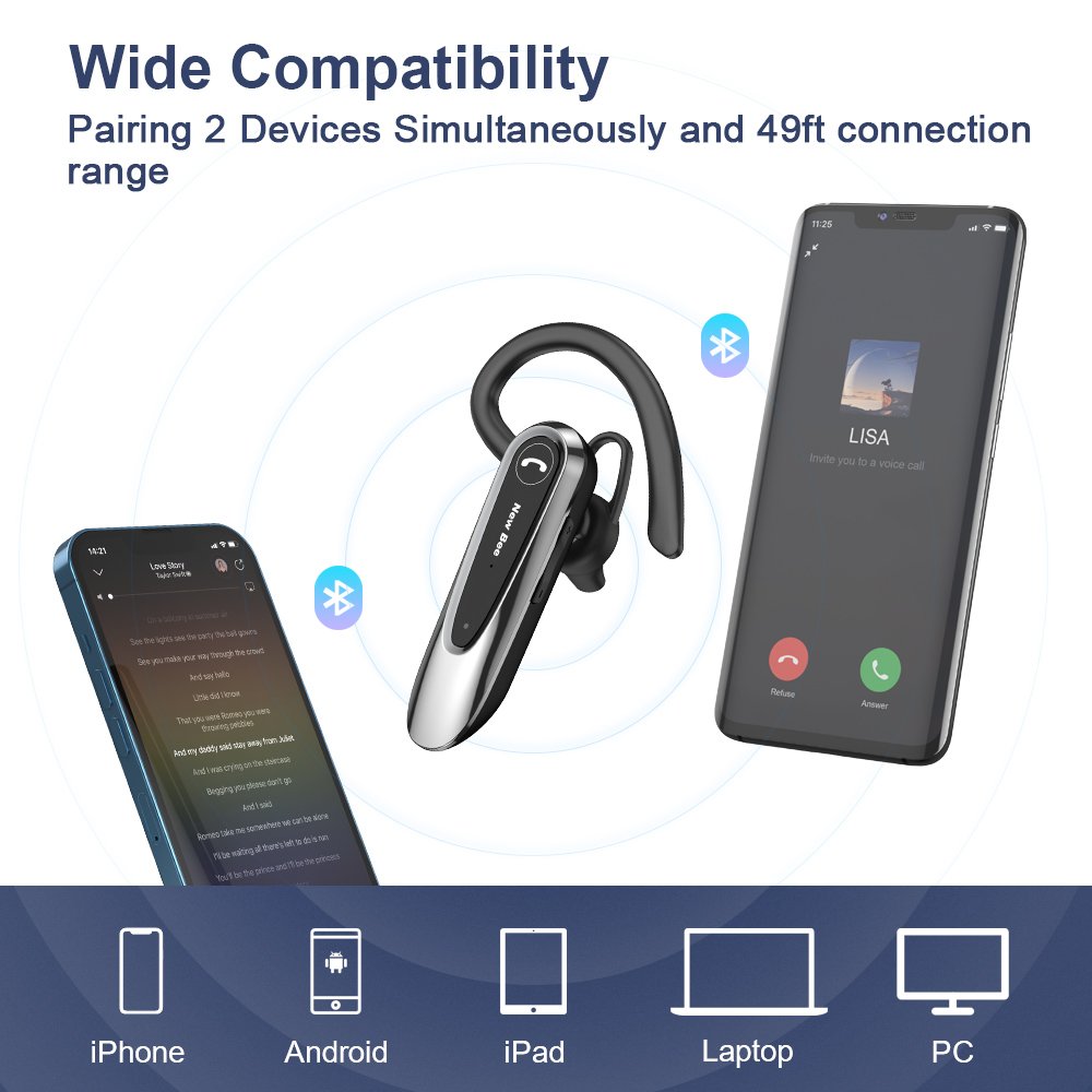 Compatible with Walkie-Talkies Wireless Business Headset Noise Cancelling Single Ear Handsfree Bluetooth Earphones