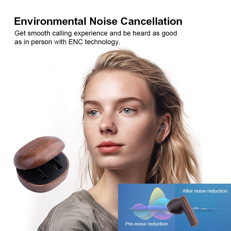 Wireless Tws Bluetooth Earbuds with Noise Cancelling and Wood Design