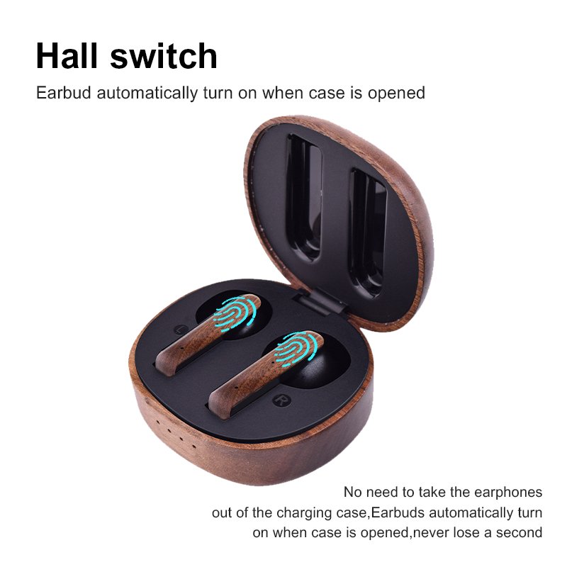 Wireless Tws Bluetooth Earbuds with Noise Cancelling and Wood Design