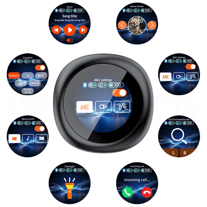 BIG Screen ANC/ENC Dual Microphone Noise Reduction Earphone LCD Smart Touch Screen Wireless Earbud with Music Game Movie Modes