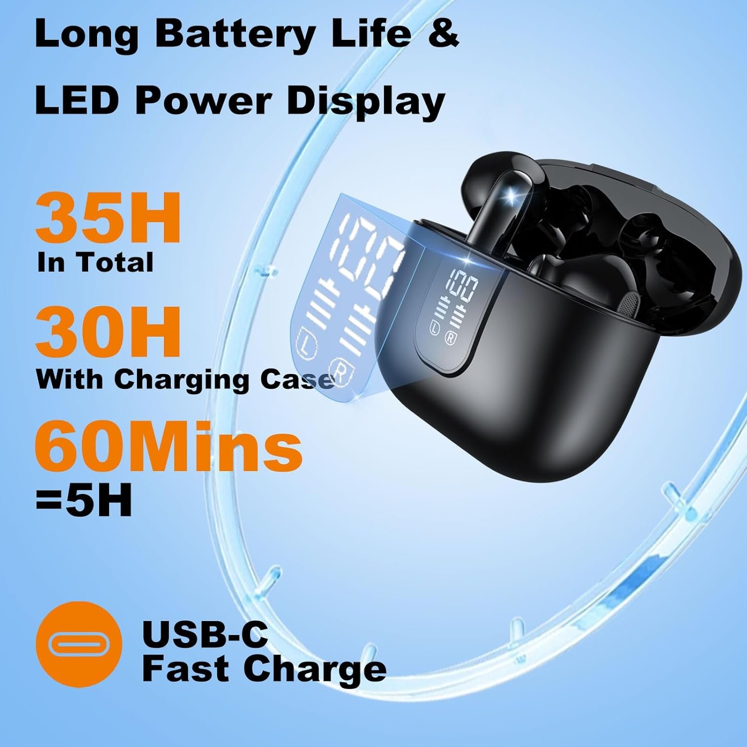 Wireless earphones 5.4 in ear earphones 6 microphone ENC noise reduction function deep bass stereo LED power display screen 35H