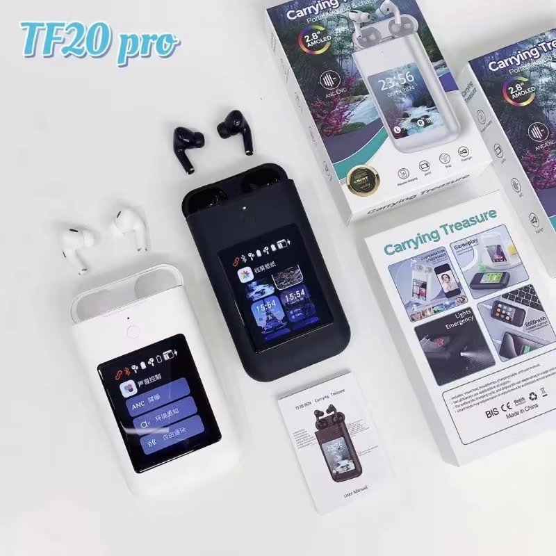 Latest TF20 Pro BT Headphone with 2.08inch LCD Touch Screen 5000mah Power Bank TWS Earphone ANC Noise Reduction Wireless Earbuds
