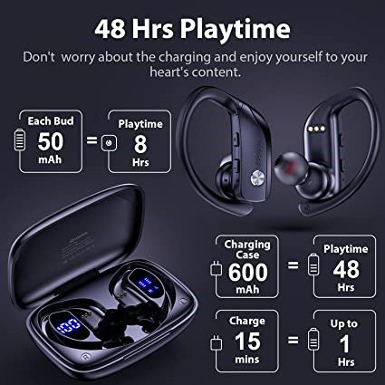 Wireless Earbuds Bluetooth Headphones 48hrs Play Back Sport Earphones with LED Display Over-Ear Buds with Earhooks