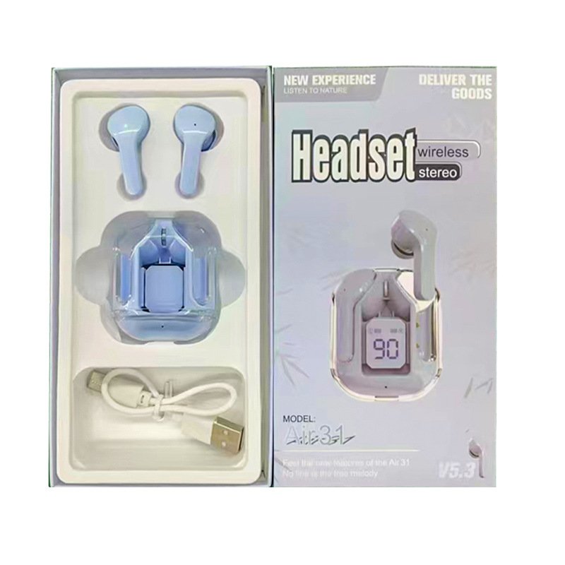 2024 New Tws Air31 Crystal Led Display Mini Wireless Earbuds with LED Display Gaming In-ear Earphone