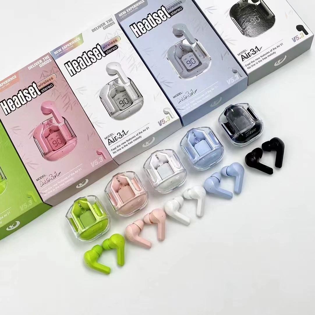 2024 New Tws Air31 Crystal Led Display Mini Wireless Earbuds with LED Display Gaming In-ear Earphone